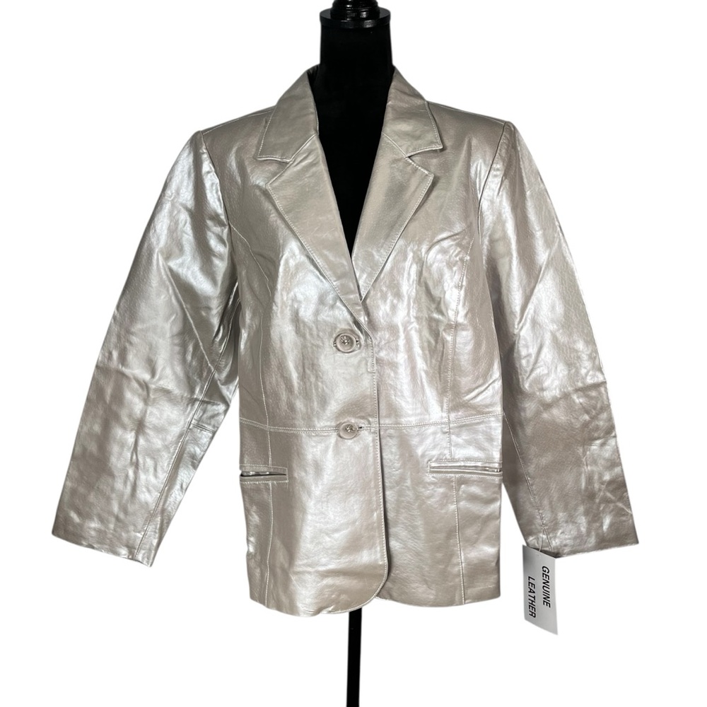 Metrostyle Silver Leather Blazer Jacket Metallic Classic Platinum Women’s 18W